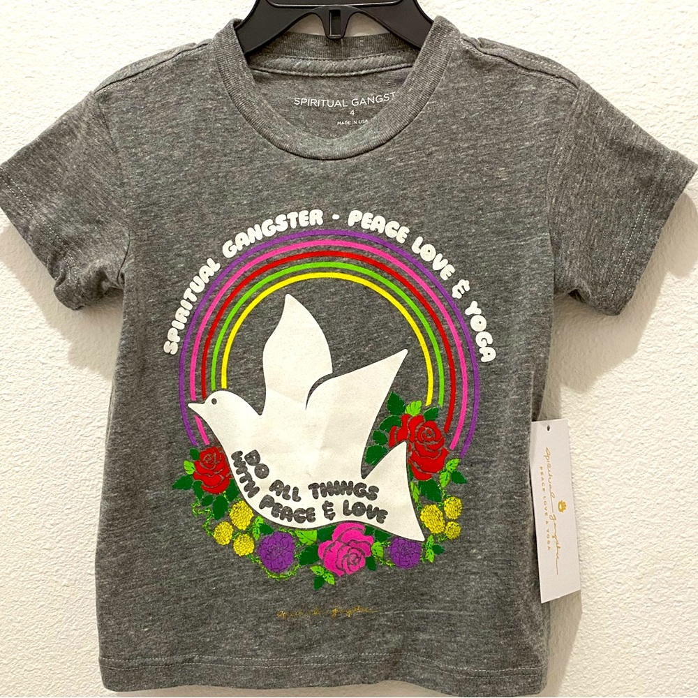 Spiritual Gangster Little Girls Gray Love-Peace-Yoga Dove T-Shirt - 4